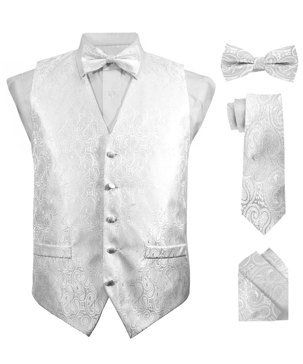 Vittorio Farina Men's Woven Paisley Vest, Necktie, Bow Tie and Pocket Square Set (White Back) - vest_paisley_WB_white_XS - Classy Cufflinks