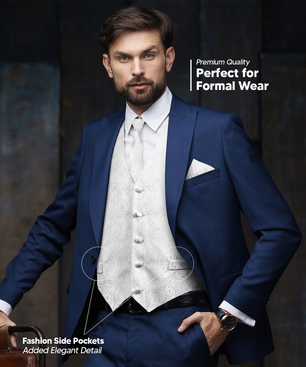 Vittorio Farina Men's Woven Paisley Vest, Necktie, Bow Tie and Pocket Square Set (White Back) - vest_paisley_WB_white_XS - Classy Cufflinks