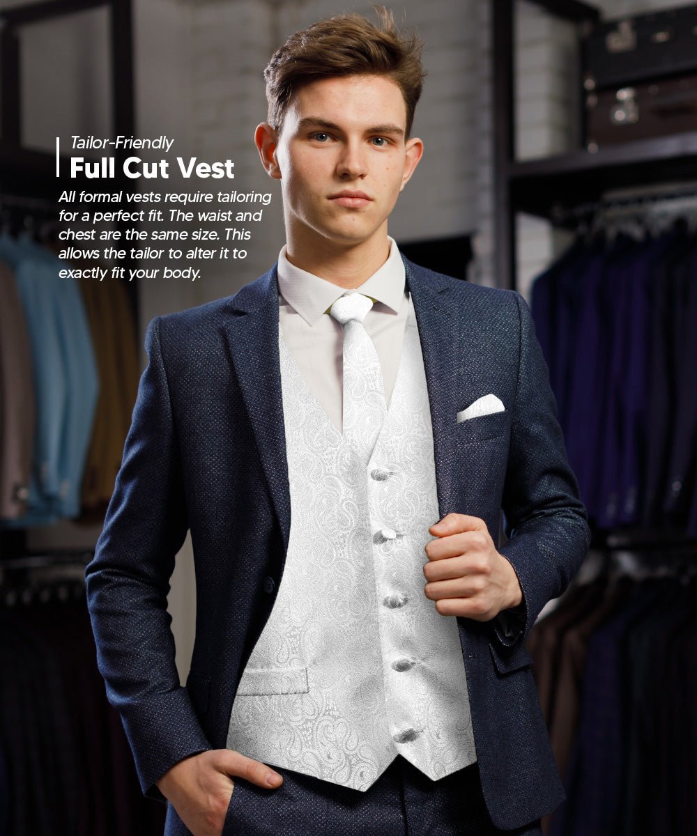 Vittorio Farina Men's Woven Paisley Vest, Necktie, Bow Tie and Pocket Square Set (White Back) - vest_paisley_WB_white_XS - Classy Cufflinks
