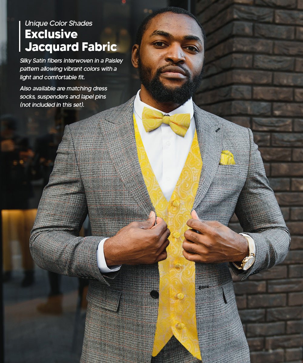 Vittorio Farina Men's Woven Paisley Vest, Necktie, Bow Tie and Pocket Square Set (White Back) - vest_paisley_WB_yellow_XS - Classy Cufflinks