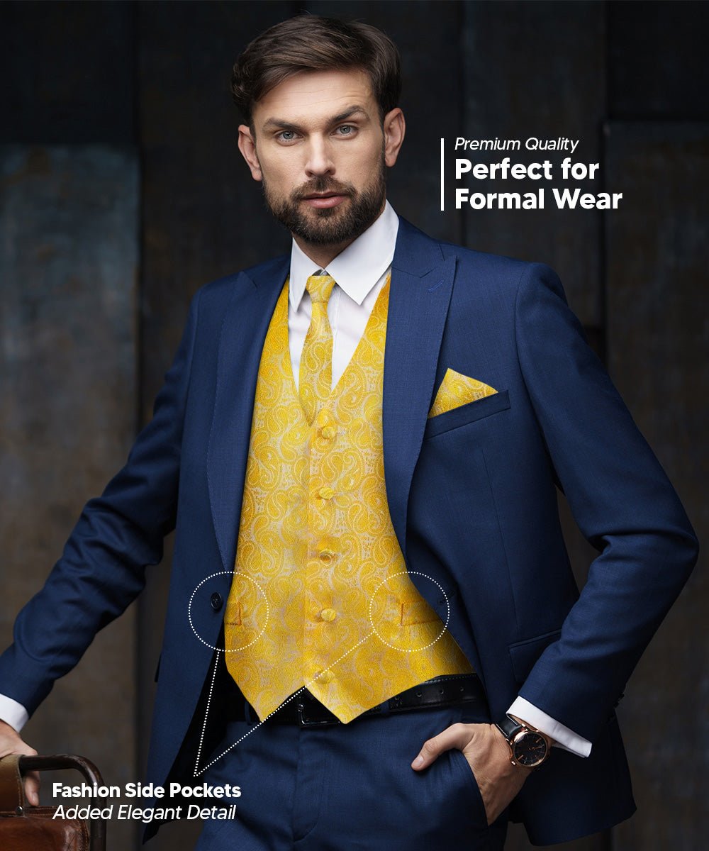 Vittorio Farina Men's Woven Paisley Vest, Necktie, Bow Tie and Pocket Square Set (White Back) - vest_paisley_WB_yellow_XS - Classy Cufflinks