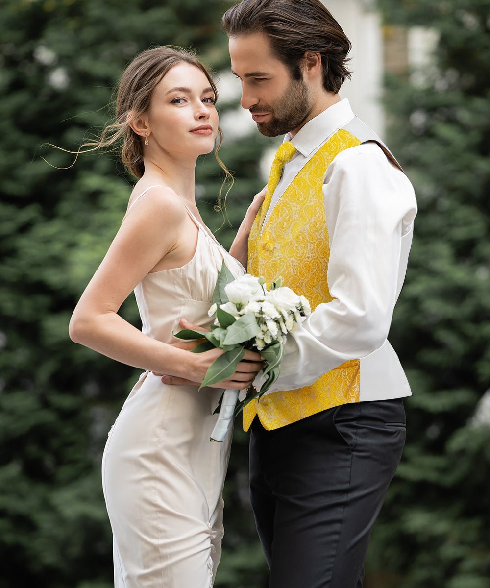 Vittorio Farina Men's Woven Paisley Vest, Necktie, Bow Tie and Pocket Square Set (White Back) - vest_paisley_WB_yellow_XS - Classy Cufflinks