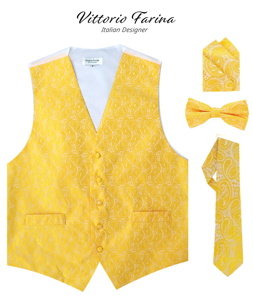 Vittorio Farina Men's Woven Paisley Vest, Necktie, Bow Tie and Pocket Square Set (White Back) - vest_paisley_WB_yellow_XS - Classy Cufflinks