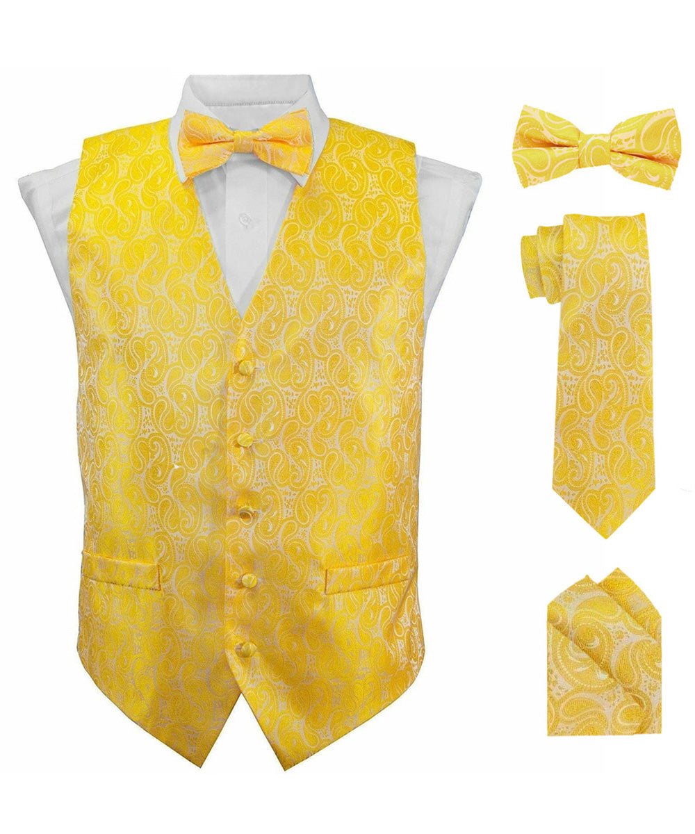 Vittorio Farina Men's Woven Paisley Vest, Necktie, Bow Tie and Pocket Square Set (White Back) - vest_paisley_WB_yellow_XS - Classy Cufflinks