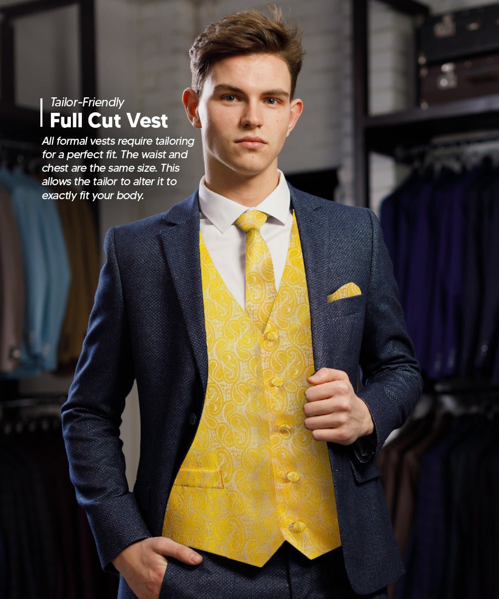 Vittorio Farina Men's Woven Paisley Vest, Necktie, Bow Tie and Pocket Square Set (White Back) - vest_paisley_WB_yellow_XS - Classy Cufflinks