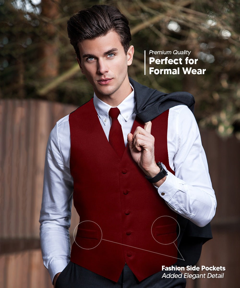Vittorio Farina Men's Satin Vest, Necktie, Bow Tie and Pocket Square Set (Black Back) - vest_plain_BB_aggiemaroon_XS - Classy Cufflinks