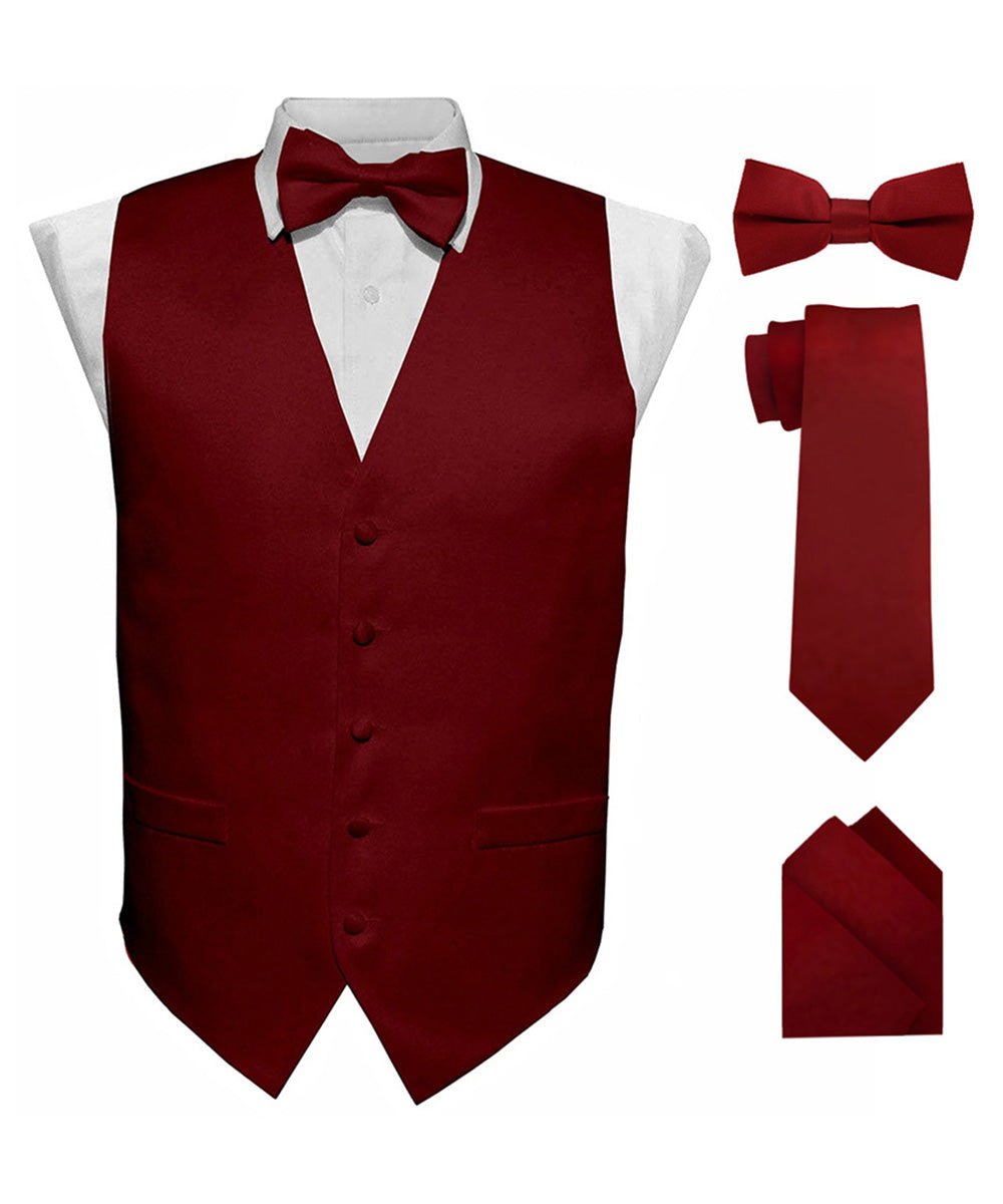 Vittorio Farina Men&#39;s Satin Vest, Necktie, Bow Tie and Pocket Square Set (Black Back) - vest_plain_BB_aggiemaroon_XS - Classy Cufflinks