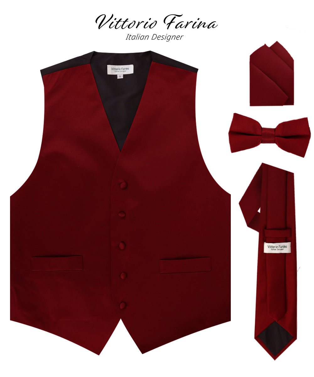 Vittorio Farina Men's Satin Vest, Necktie, Bow Tie and Pocket Square Set (Black Back) - vest_plain_BB_aggiemaroon_XS - Classy Cufflinks