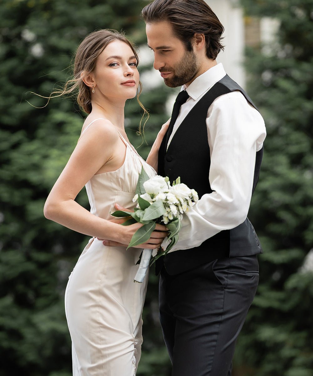 Vittorio Farina Men's Satin Vest, Necktie, Bow Tie and Pocket Square Set (Black Back) - vest_plain_BB_black_XS - Classy Cufflinks