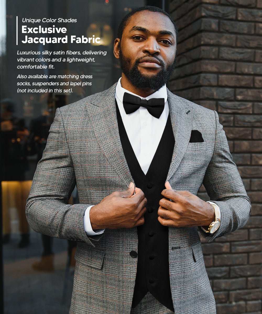 Vittorio Farina Men's Satin Vest, Necktie, Bow Tie and Pocket Square Set (Black Back) - vest_plain_BB_black_XS - Classy Cufflinks