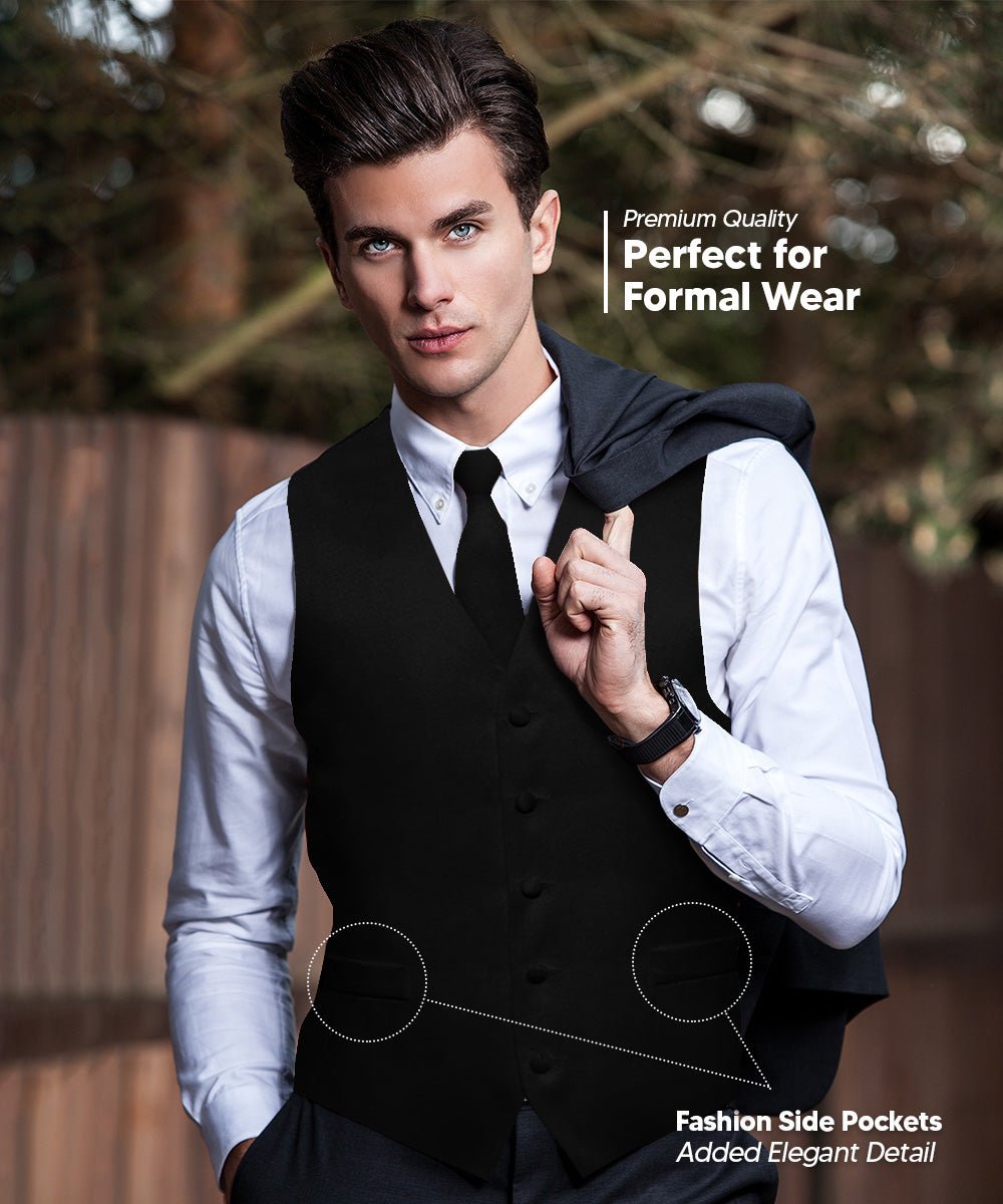Vittorio Farina Men's Satin Vest, Necktie, Bow Tie and Pocket Square Set (Black Back) - vest_plain_BB_black_XS - Classy Cufflinks