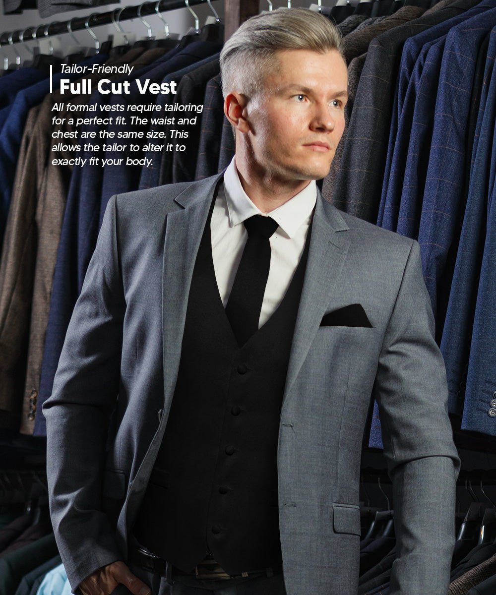 Vittorio Farina Men's Satin Vest, Necktie, Bow Tie and Pocket Square Set (Black Back) - vest_plain_BB_black_XS - Classy Cufflinks