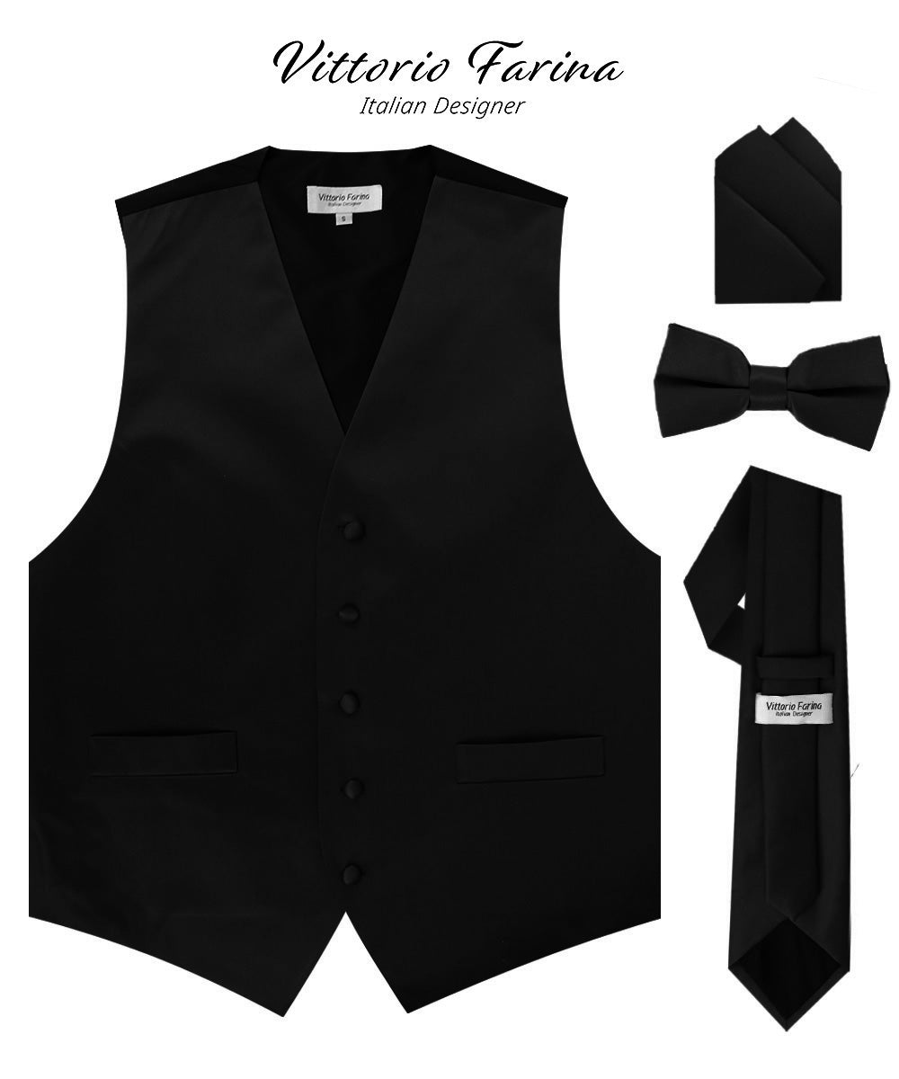 Vittorio Farina Men's Satin Vest, Necktie, Bow Tie and Pocket Square Set (Black Back) - vest_plain_BB_black_XS - Classy Cufflinks