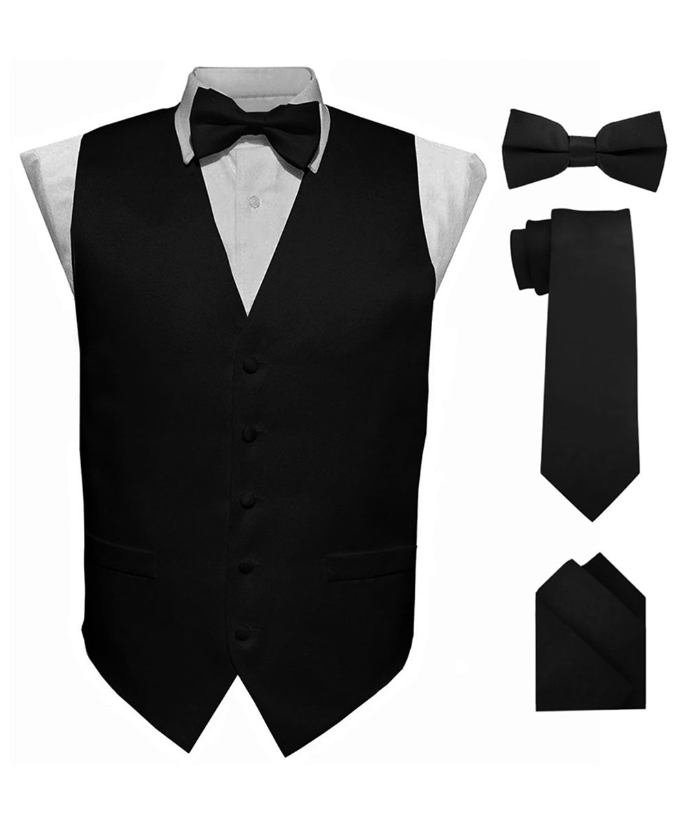 Vittorio Farina Men's Satin Vest, Necktie, Bow Tie and Pocket Square Set (Black Back) - vest_plain_BB_black_XS - Classy Cufflinks