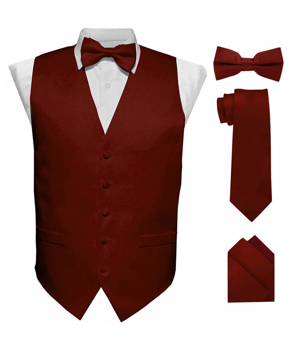 Vittorio Farina Men's Satin Vest, Necktie, Bow Tie and Pocket Square Set (Black Back) - vest_plain_BB_burgundy_XS - Classy Cufflinks