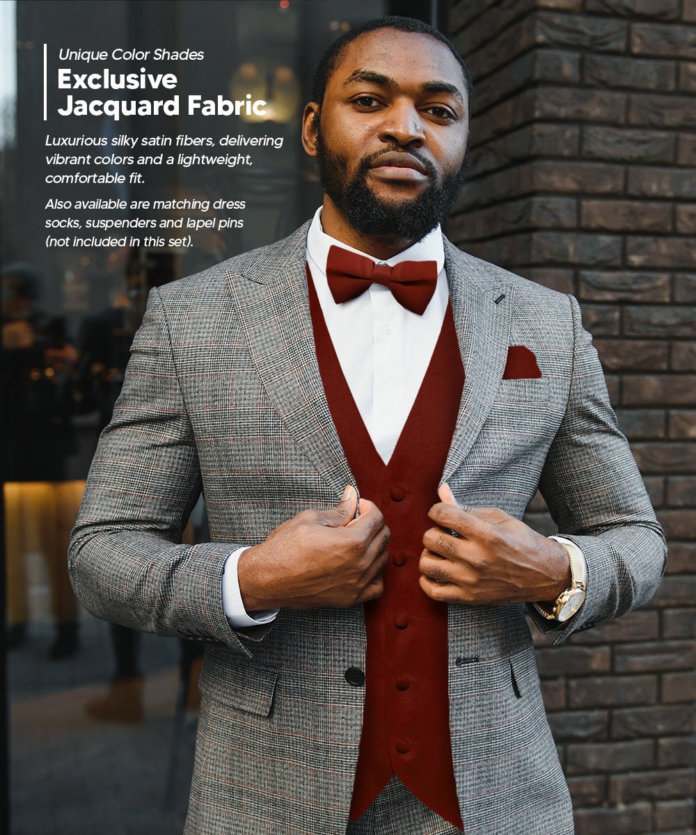 Vittorio Farina Men's Satin Vest, Necktie, Bow Tie and Pocket Square Set (Black Back) - vest_plain_BB_burgundy_XS - Classy Cufflinks