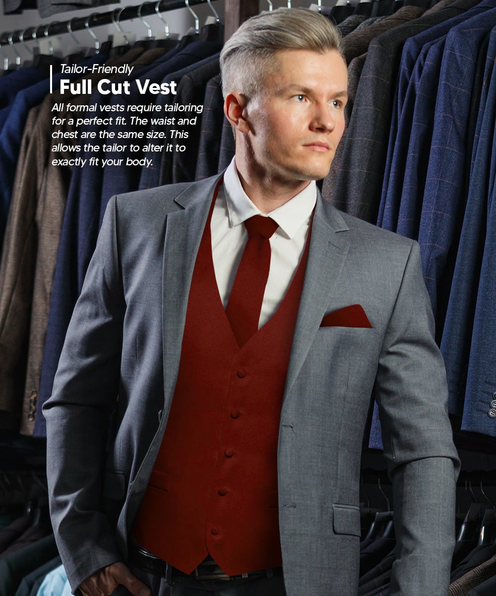 Vittorio Farina Men's Satin Vest, Necktie, Bow Tie and Pocket Square Set (Black Back) - vest_plain_BB_burgundy_XS - Classy Cufflinks