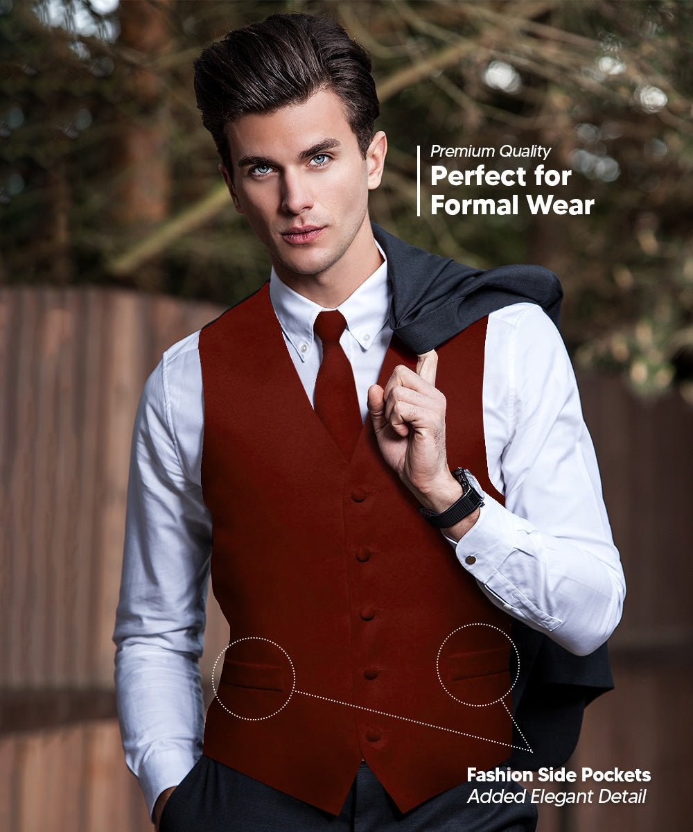 Vittorio Farina Men's Satin Vest, Necktie, Bow Tie and Pocket Square Set (Black Back) - vest_plain_BB_burgundy_XS - Classy Cufflinks