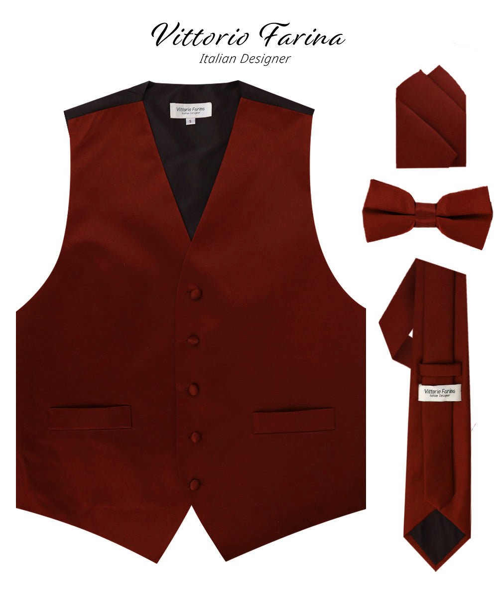 Vittorio Farina Men's Satin Vest, Necktie, Bow Tie and Pocket Square Set (Black Back) - vest_plain_BB_burgundy_XS - Classy Cufflinks