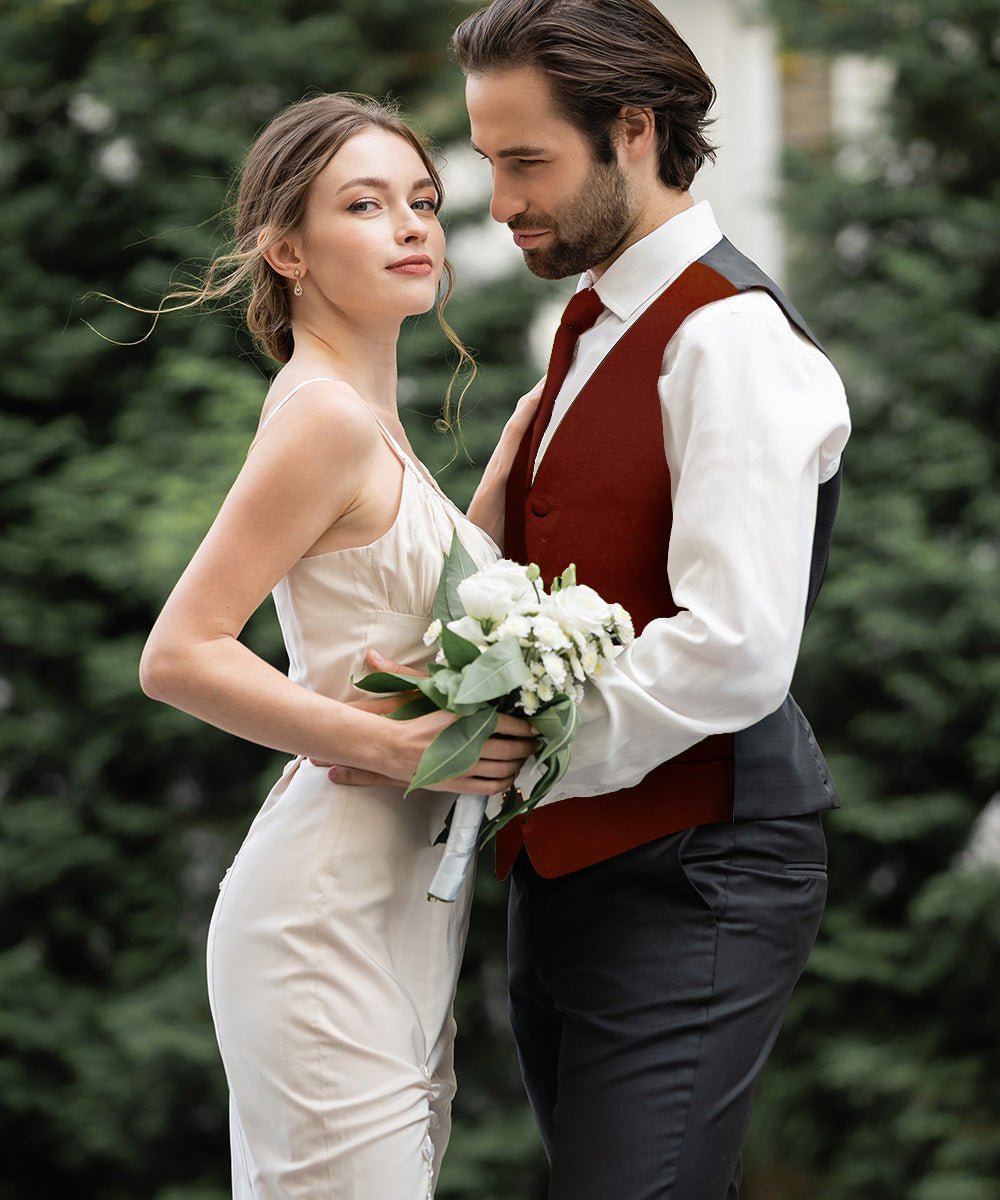 Vittorio Farina Men's Satin Vest, Necktie, Bow Tie and Pocket Square Set (Black Back) - vest_plain_BB_burgundy_XS - Classy Cufflinks