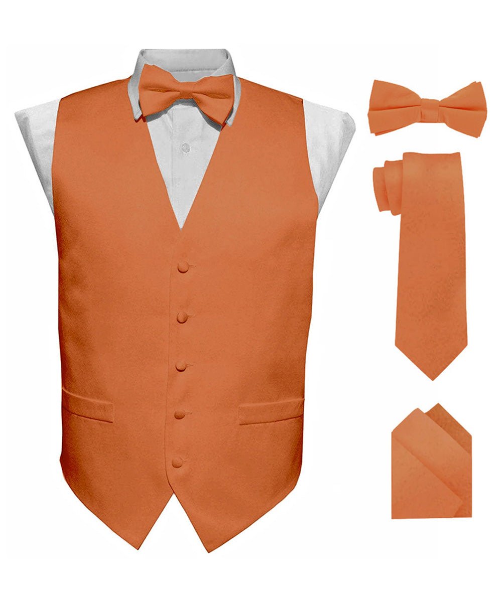 Vittorio Farina Men's Satin Vest, Necktie, Bow Tie and Pocket Square Set (Black Back) - vest_plain_BB_burntorange_XS - Classy Cufflinks