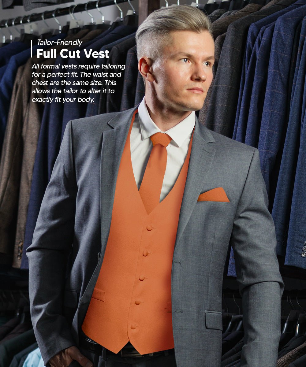 Vittorio Farina Men's Satin Vest, Necktie, Bow Tie and Pocket Square Set (Black Back) - vest_plain_BB_burntorange_XS - Classy Cufflinks