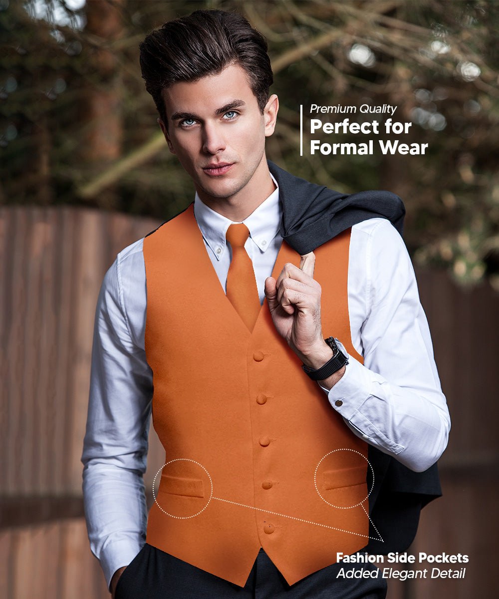 Vittorio Farina Men's Satin Vest, Necktie, Bow Tie and Pocket Square Set (Black Back) - vest_plain_BB_burntorange_XS - Classy Cufflinks