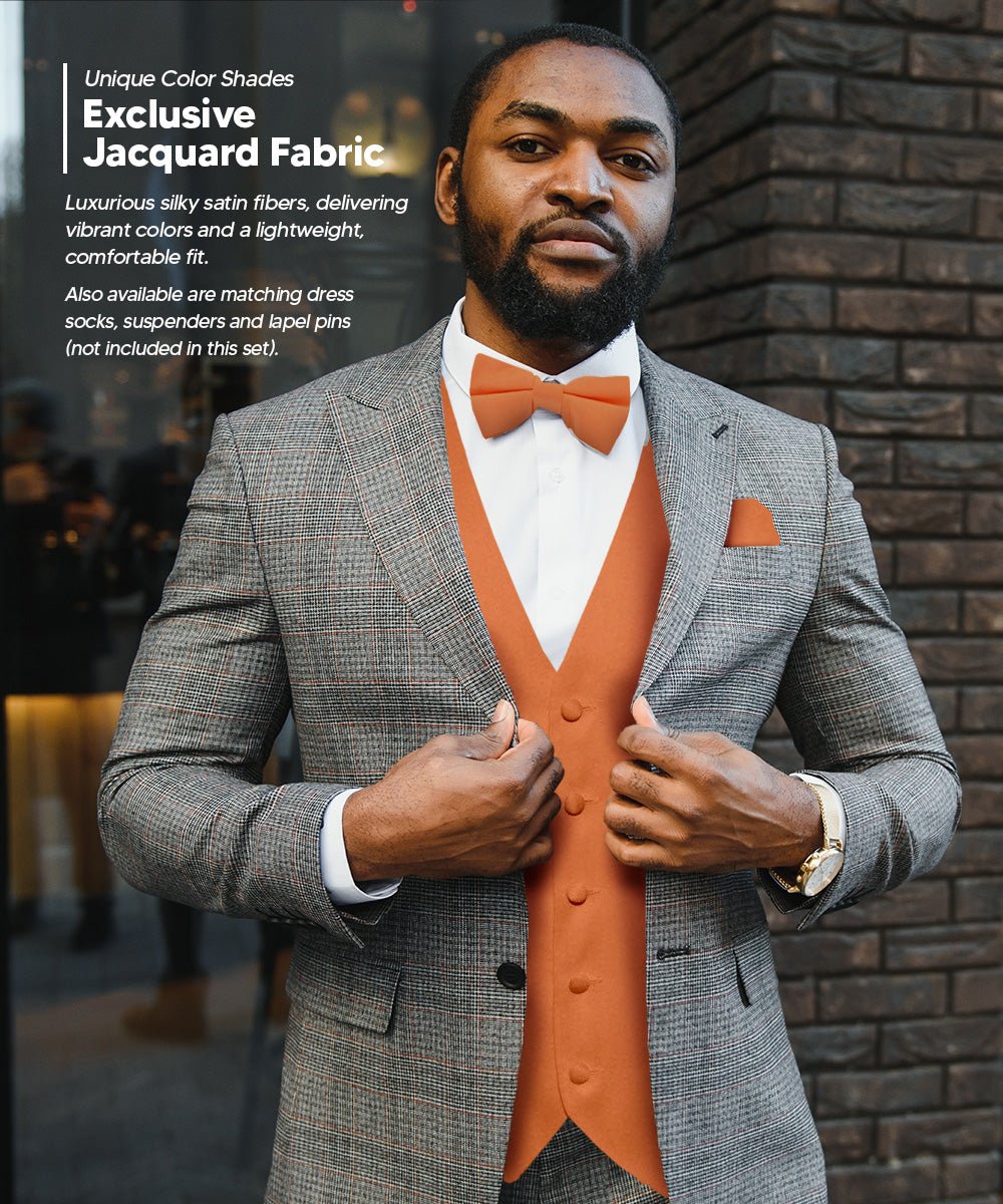 Vittorio Farina Men's Satin Vest, Necktie, Bow Tie and Pocket Square Set (Black Back) - vest_plain_BB_burntorange_XS - Classy Cufflinks