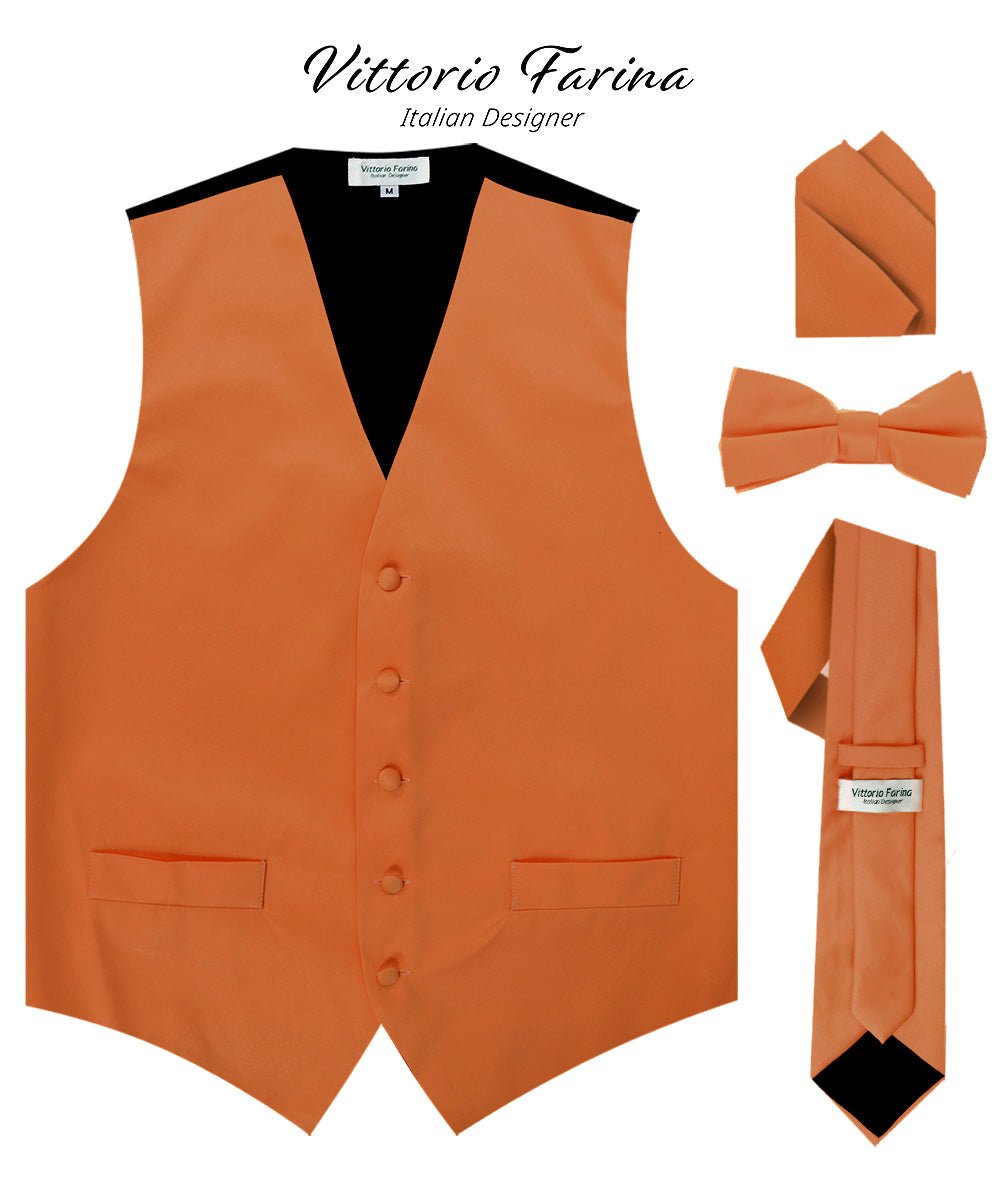 Vittorio Farina Men's Satin Vest, Necktie, Bow Tie and Pocket Square Set (Black Back) - vest_plain_BB_burntorange_XS - Classy Cufflinks