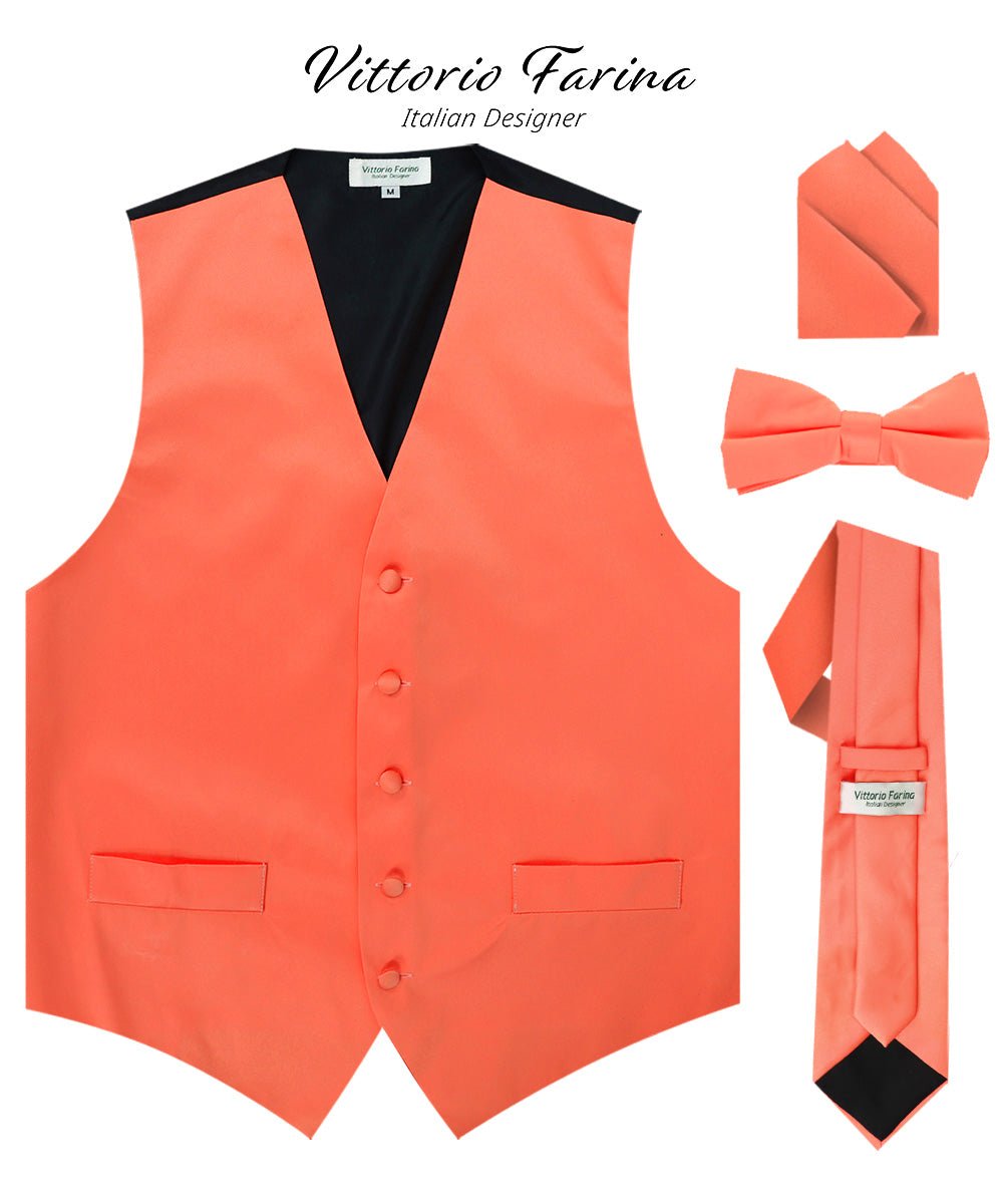 Vittorio Farina Men's Satin Vest, Necktie, Bow Tie and Pocket Square Set (Black Back) - vest_plain_BB_coral_XS - Classy Cufflinks