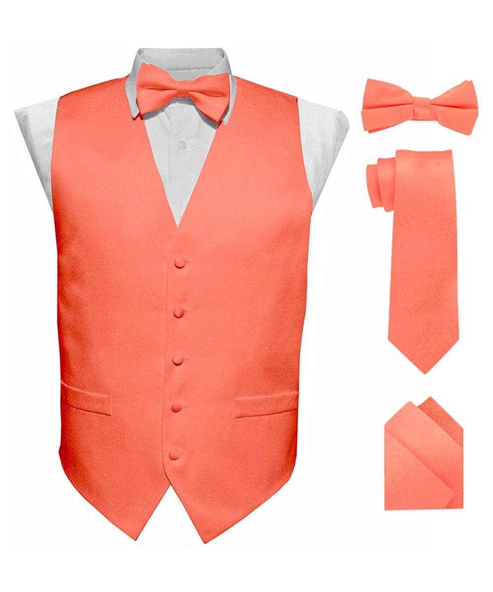 Vittorio Farina Men's Satin Vest, Necktie, Bow Tie and Pocket Square Set (Black Back) - vest_plain_BB_coral_XS - Classy Cufflinks