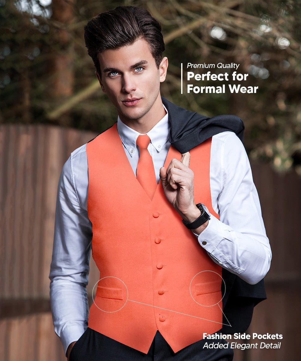Vittorio Farina Men's Satin Vest, Necktie, Bow Tie and Pocket Square Set (Black Back) - vest_plain_BB_coral_XS - Classy Cufflinks