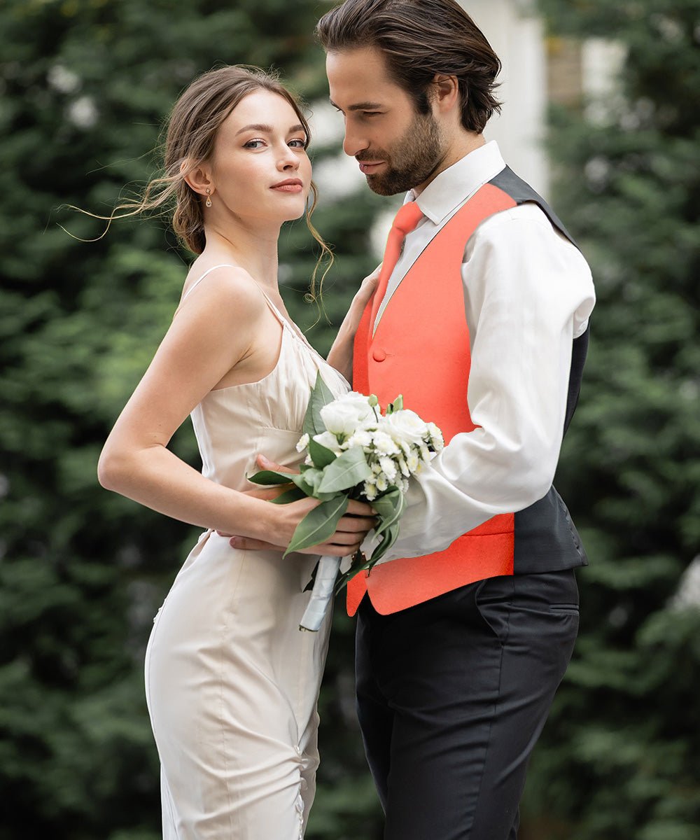 Vittorio Farina Men's Satin Vest, Necktie, Bow Tie and Pocket Square Set (Black Back) - vest_plain_BB_coral_XS - Classy Cufflinks