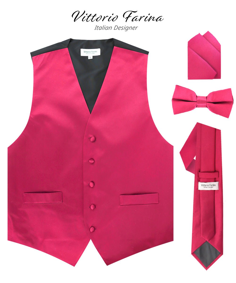Vittorio Farina Men's Satin Vest, Necktie, Bow Tie and Pocket Square Set (Black Back) - vest_plain_BB_hotpink_XS - Classy Cufflinks