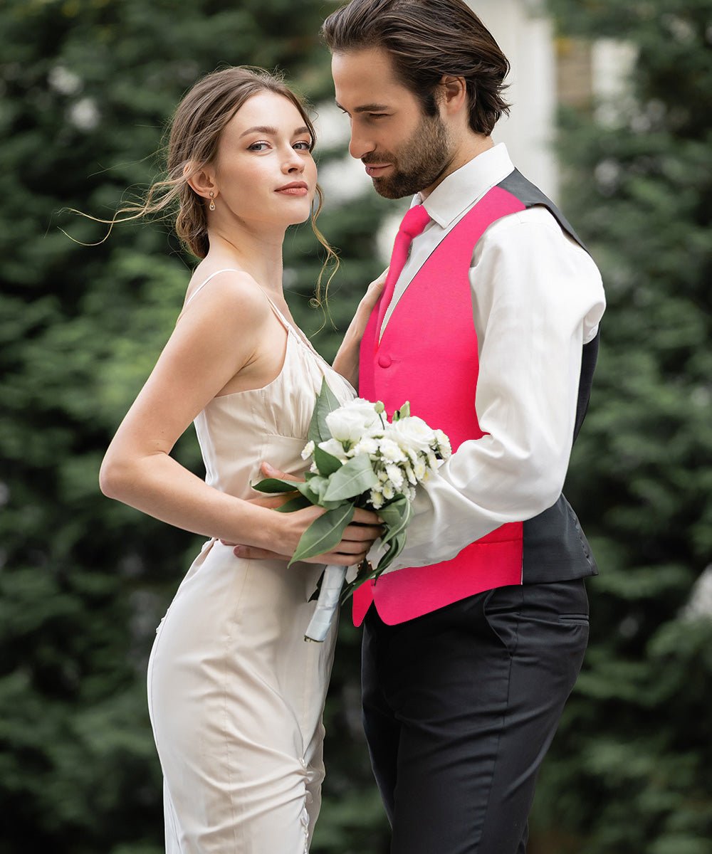 Vittorio Farina Men's Satin Vest, Necktie, Bow Tie and Pocket Square Set (Black Back) - vest_plain_BB_hotpink_XS - Classy Cufflinks