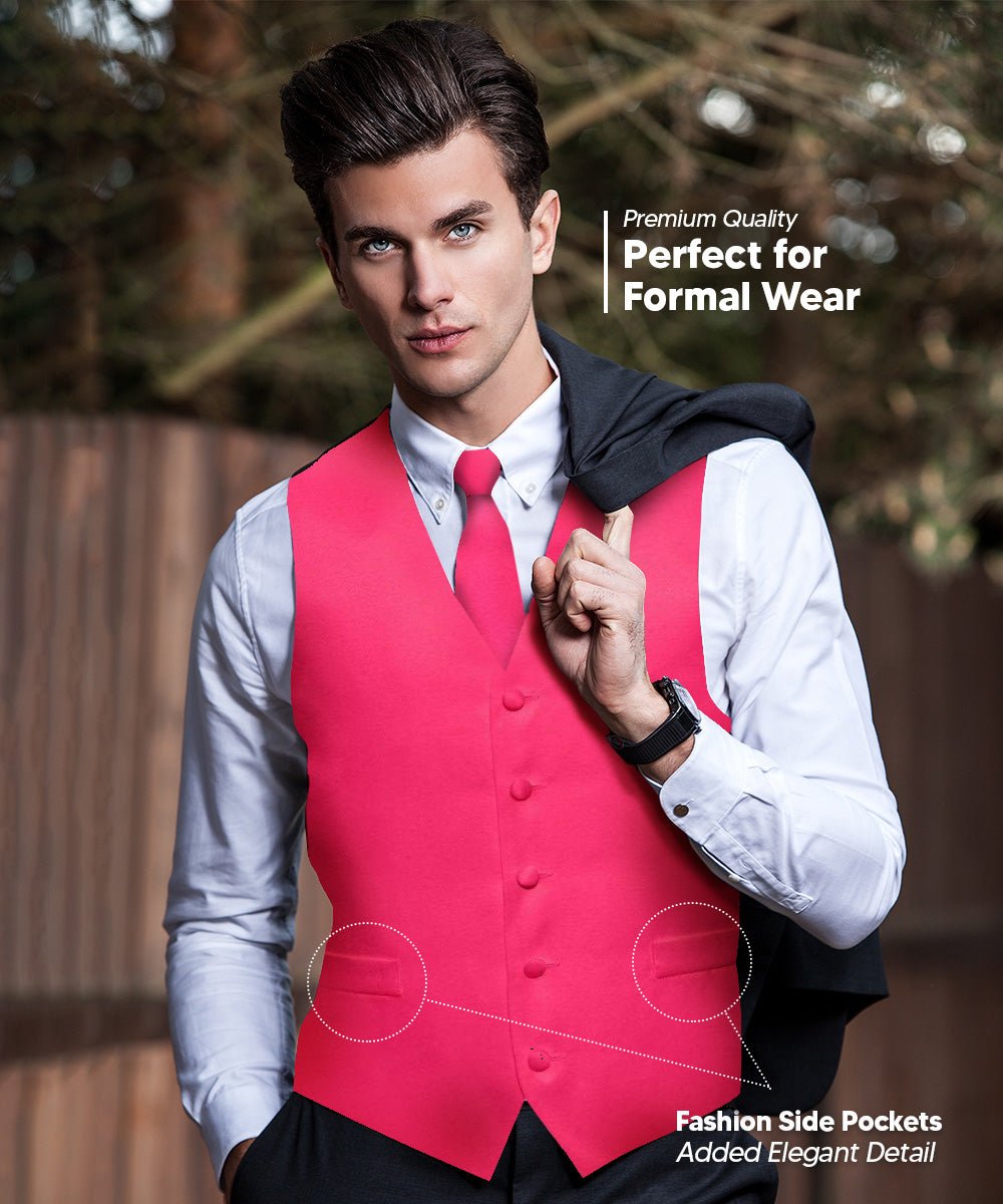 Vittorio Farina Men's Satin Vest, Necktie, Bow Tie and Pocket Square Set (Black Back) - vest_plain_BB_hotpink_XS - Classy Cufflinks