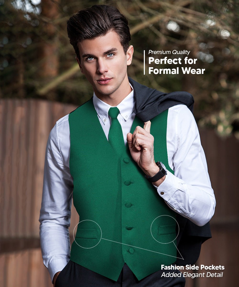 Vittorio Farina Men's Satin Vest, Necktie, Bow Tie and Pocket Square Set (Black Back) - vest_plain_BB_hunter_XS - Classy Cufflinks