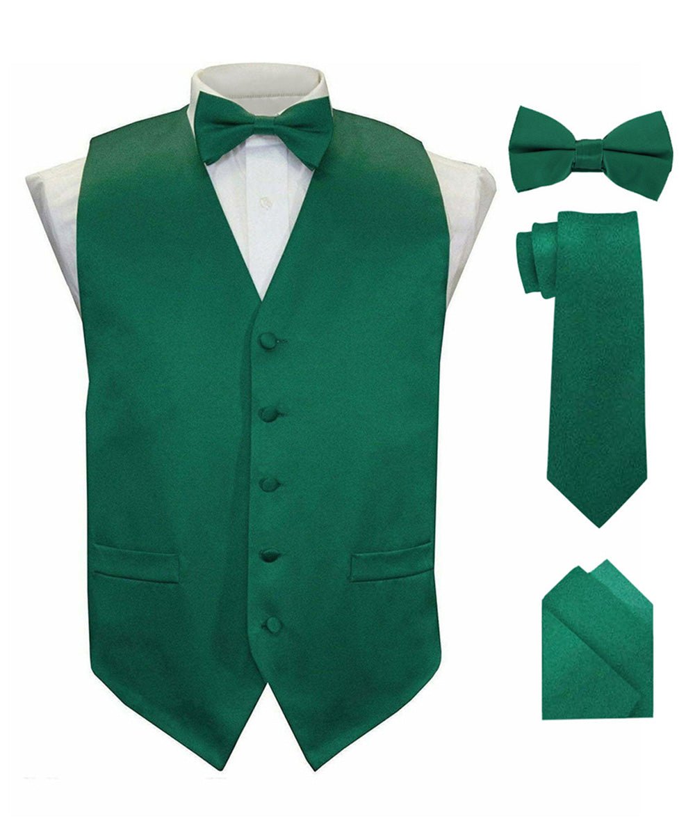 Vittorio Farina Men's Satin Vest, Necktie, Bow Tie and Pocket Square Set (Black Back) - vest_plain_BB_hunter_XS - Classy Cufflinks