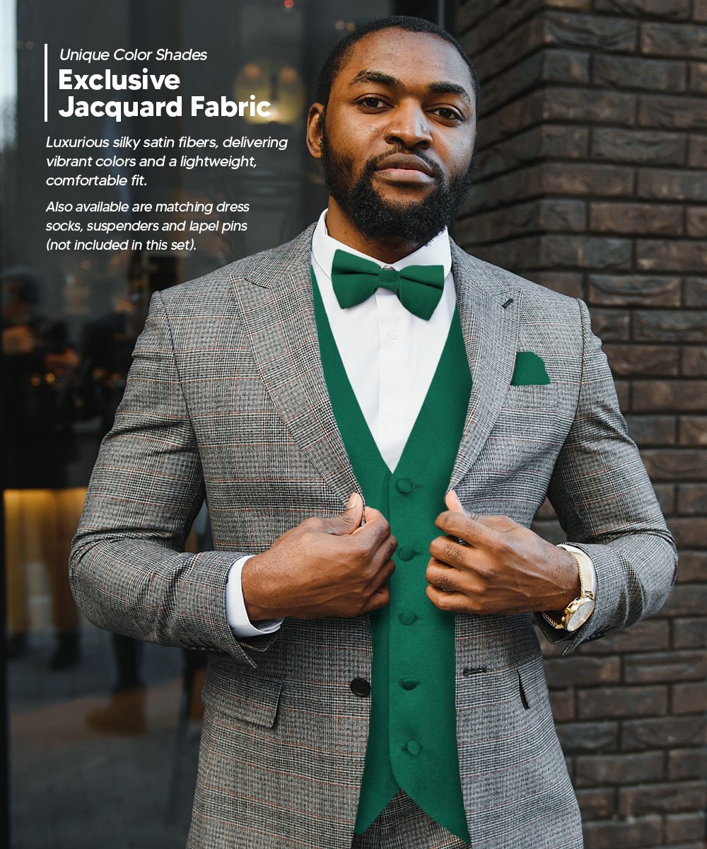 Vittorio Farina Men's Satin Vest, Necktie, Bow Tie and Pocket Square Set (Black Back) - vest_plain_BB_hunter_XS - Classy Cufflinks