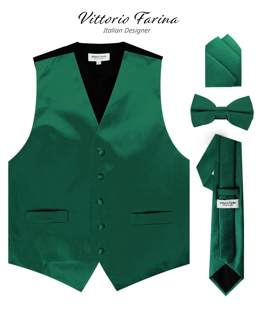 Vittorio Farina Men's Satin Vest, Necktie, Bow Tie and Pocket Square Set (Black Back) - vest_plain_BB_hunter_XS - Classy Cufflinks