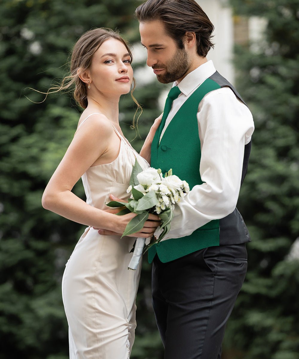 Vittorio Farina Men's Satin Vest, Necktie, Bow Tie and Pocket Square Set (Black Back) - vest_plain_BB_hunter_XS - Classy Cufflinks