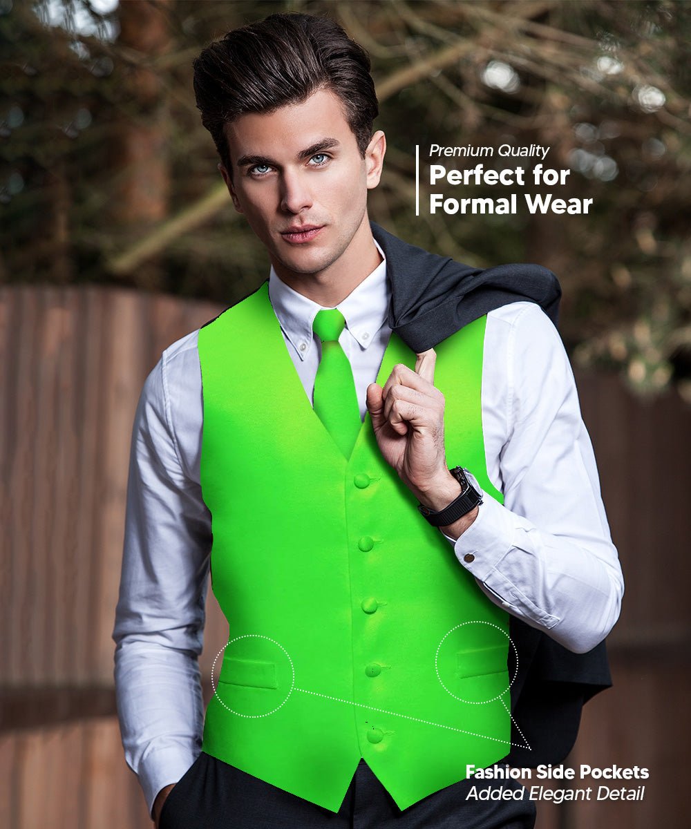 Vittorio Farina Men's Satin Vest, Necktie, Bow Tie and Pocket Square Set (Black Back) - vest_plain_BB_lime_XS - Classy Cufflinks