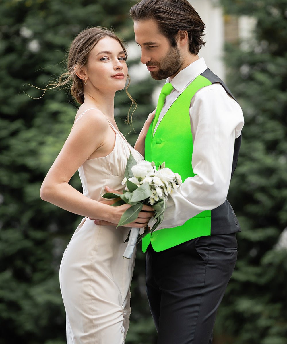 Vittorio Farina Men's Satin Vest, Necktie, Bow Tie and Pocket Square Set (Black Back) - vest_plain_BB_lime_XS - Classy Cufflinks
