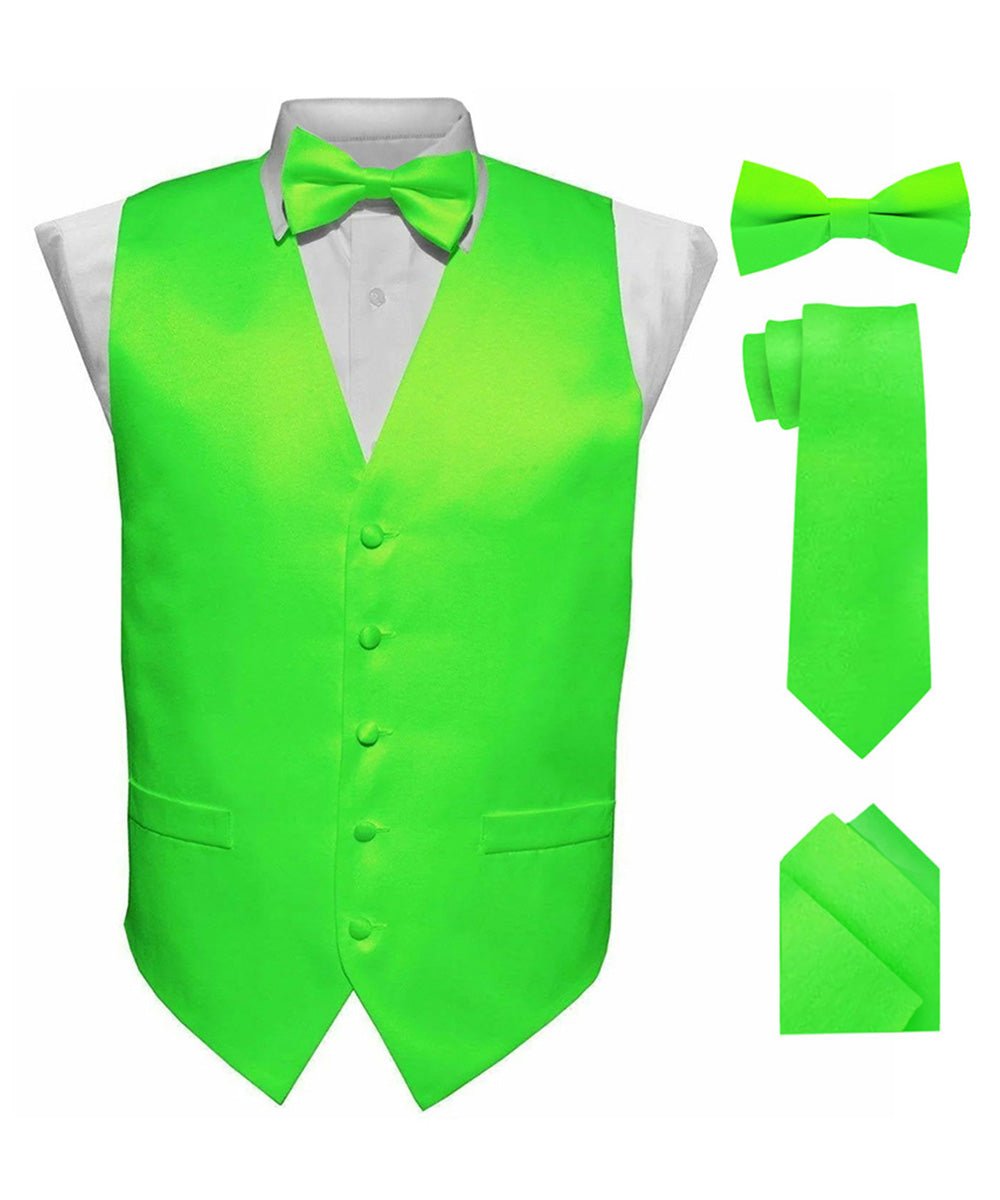 Vittorio Farina Men&#39;s Satin Vest, Necktie, Bow Tie and Pocket Square Set (Black Back) - vest_plain_BB_lime_XS - Classy Cufflinks