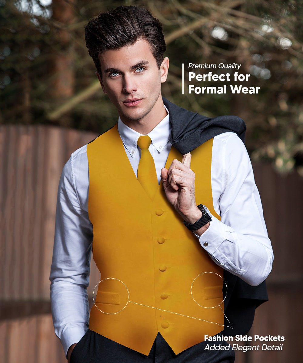 Vittorio Farina Men's Satin Vest, Necktie, Bow Tie and Pocket Square Set (Black Back) - vest_plain_BB_mustard_XS - Classy Cufflinks