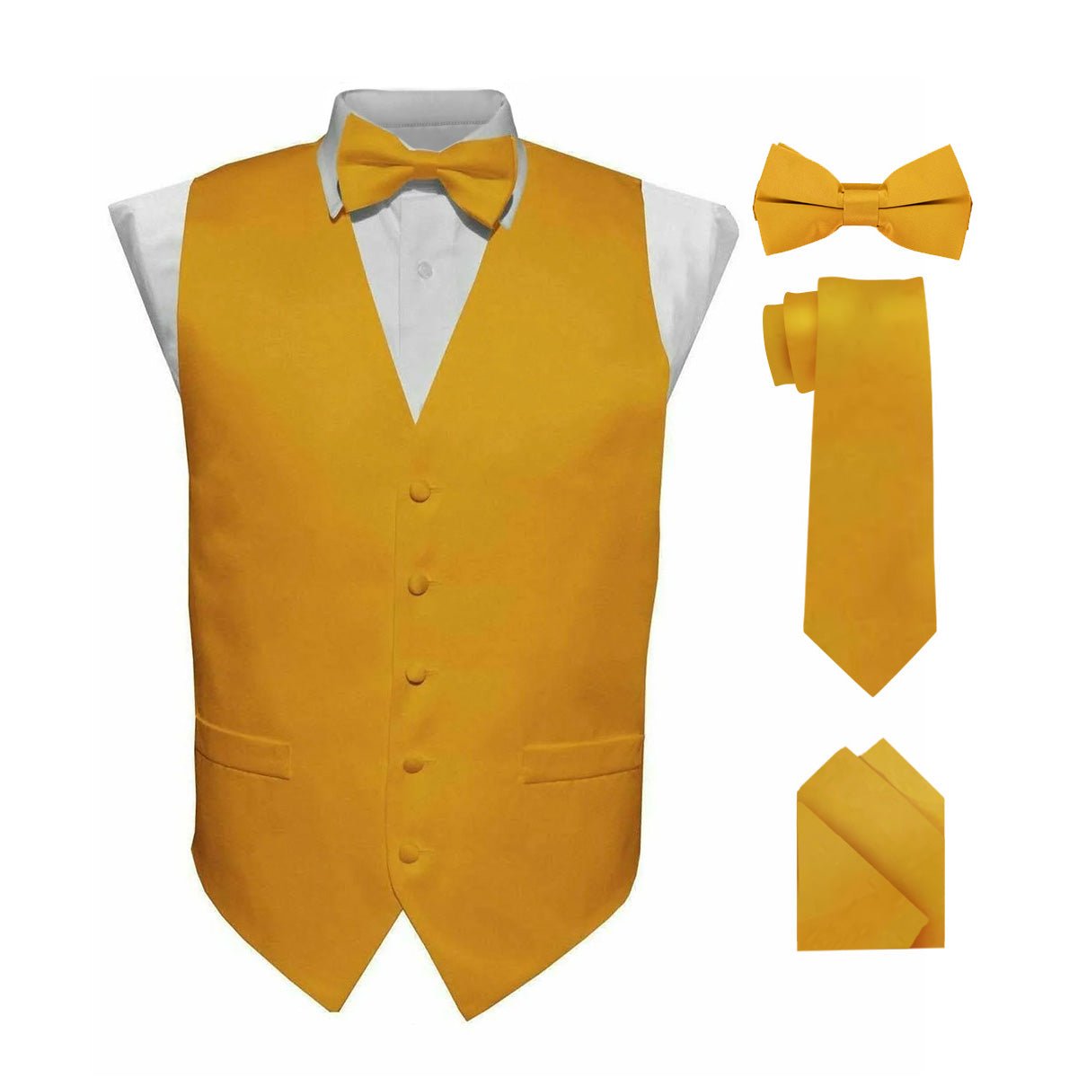 Vittorio Farina Men's Satin Vest, Necktie, Bow Tie and Pocket Square Set (Black Back) - vest_plain_BB_mustard_XS - Classy Cufflinks