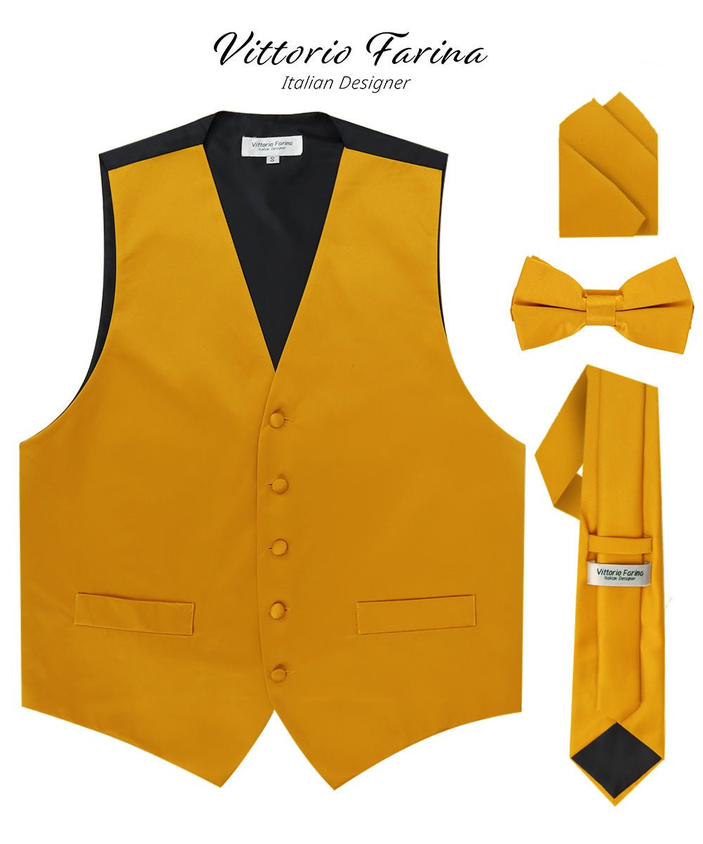 Vittorio Farina Men's Satin Vest, Necktie, Bow Tie and Pocket Square Set (Black Back) - vest_plain_BB_mustard_XS - Classy Cufflinks