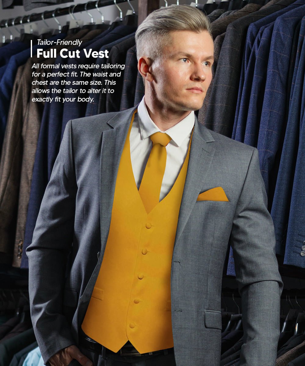 Vittorio Farina Men's Satin Vest, Necktie, Bow Tie and Pocket Square Set (Black Back) - vest_plain_BB_mustard_XS - Classy Cufflinks