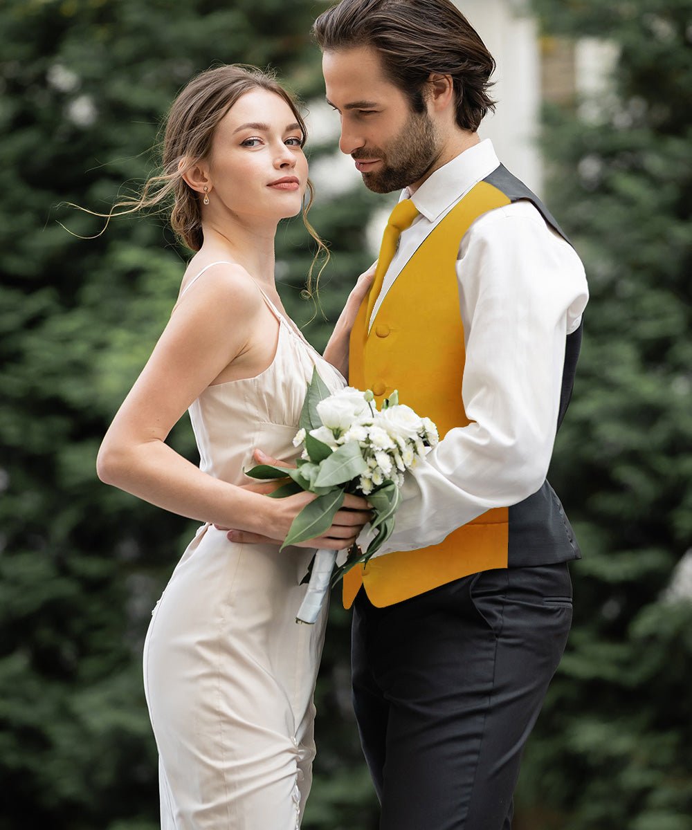 Vittorio Farina Men's Satin Vest, Necktie, Bow Tie and Pocket Square Set (Black Back) - vest_plain_BB_mustard_XS - Classy Cufflinks