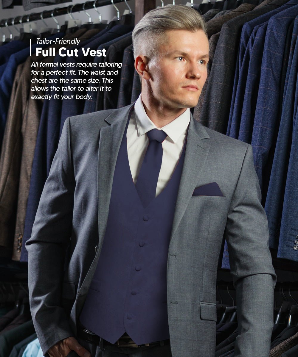 Vittorio Farina Men's Satin Vest, Necktie, Bow Tie and Pocket Square Set (Black Back) - vest_plain_BB_navy_XS - Classy Cufflinks